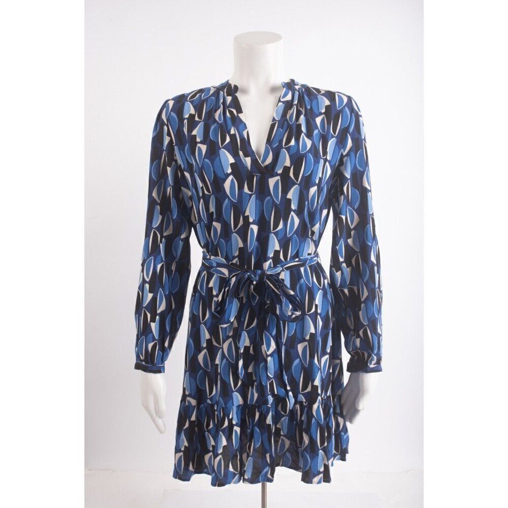 Zara Womens Printed short Dress M Blue With Tie Belt Long sleeved 4437/273 NWT